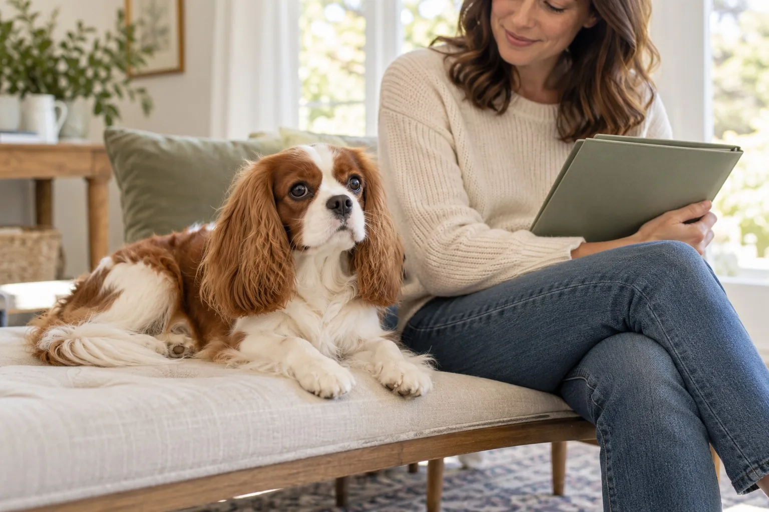 Small chestnut-and-white dog resting beside its owner on a sofa